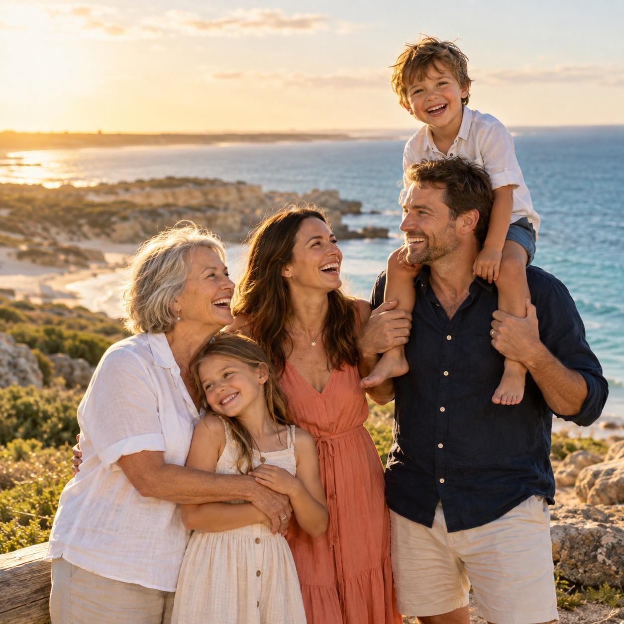 A smiling family of three generations outdoors by the coast