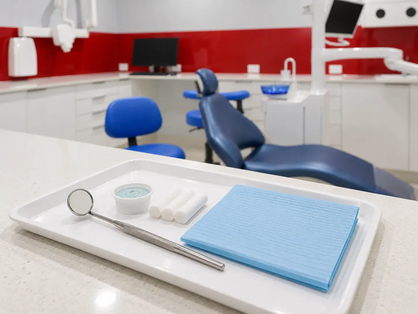 A tray set out for a scale and clean, with a dental mirror, polishing paste and cotton rolls