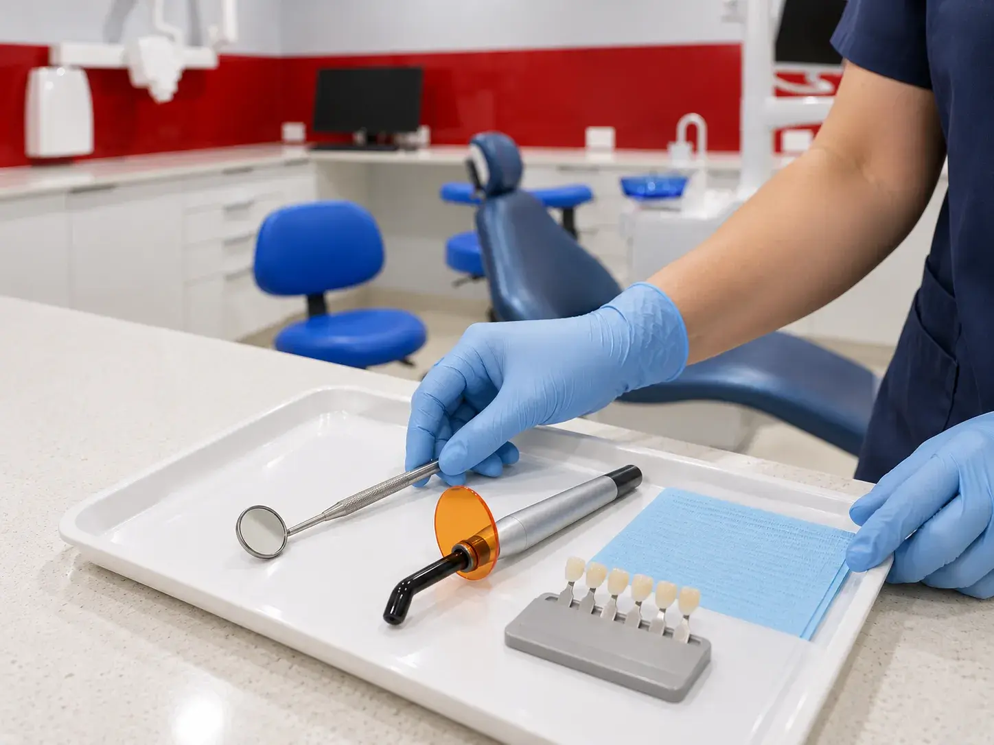 Gloved hands setting out a dental mirror, curing light and shade guide on a tray
