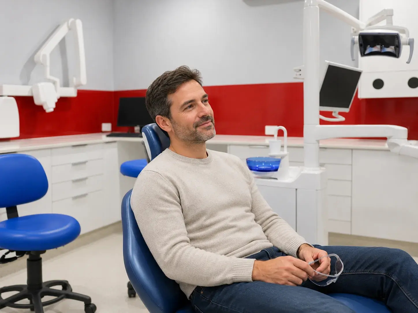 A patient sitting in the dental chair, relaxed and talking before treatment