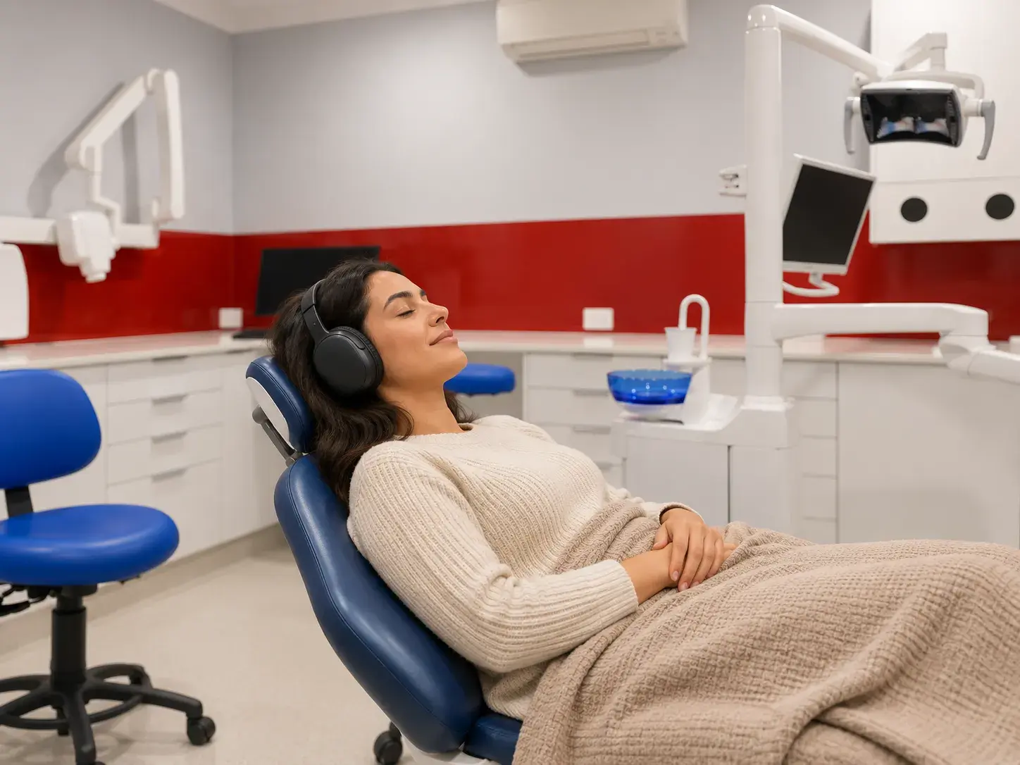 A patient resting in the dental chair with headphones on and eyes closed
