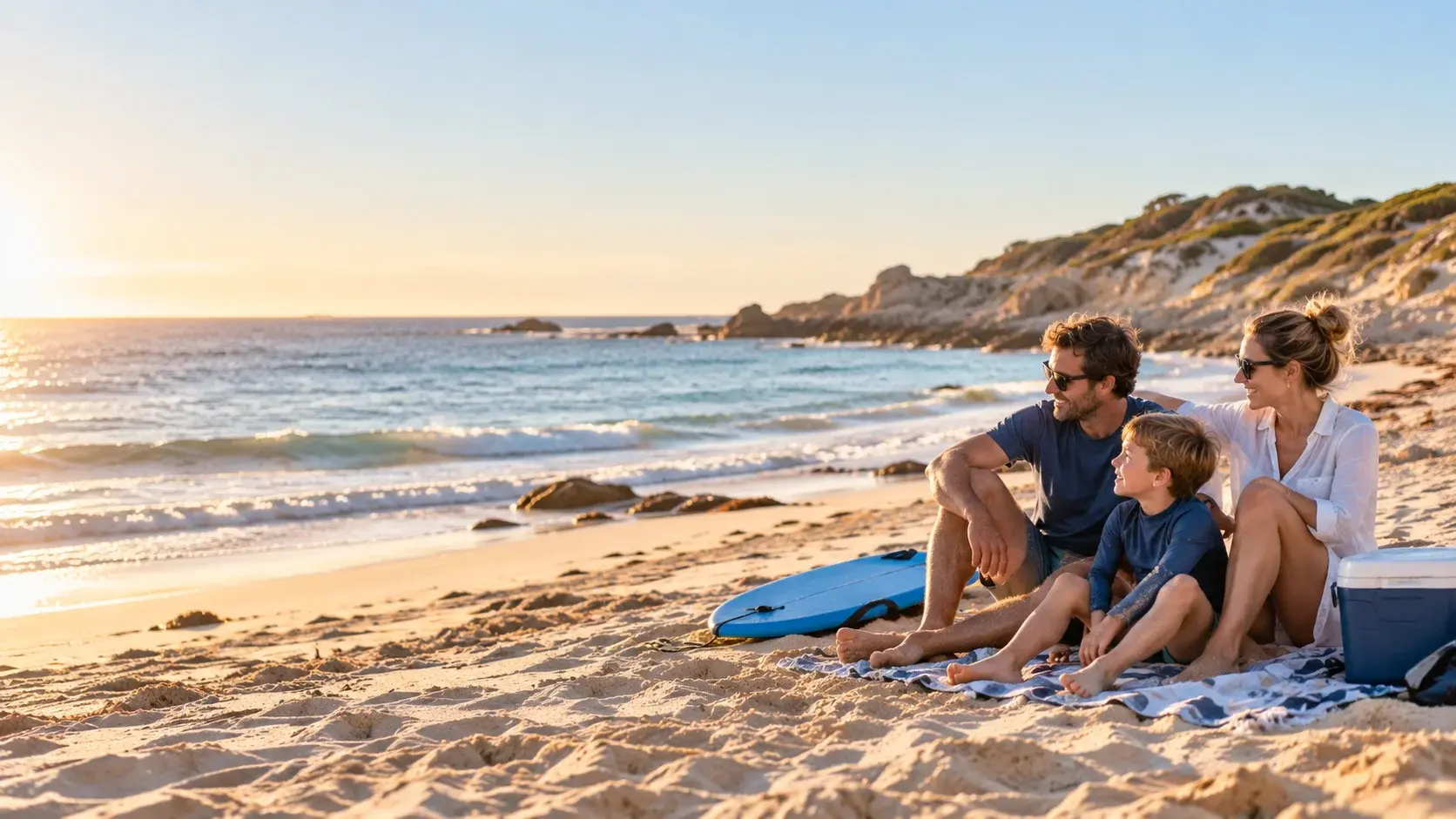 A beach towel, a bodyboard and a cooler on the sand at a quiet northern Perth beach in late afternoon light.